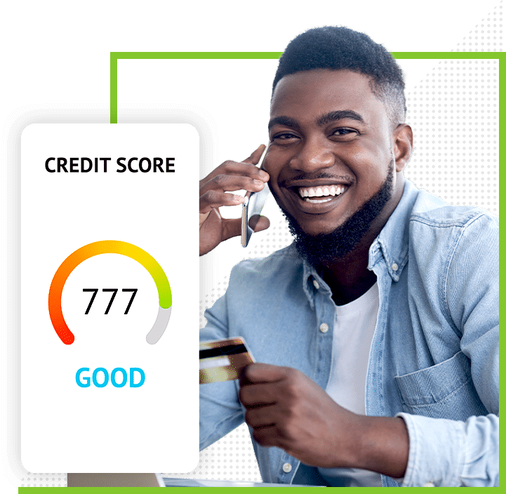 Guy holding phone in one hand and credit card in another with green border and a cellphone sized white rectangle that says credit score and a gauge and the number 770